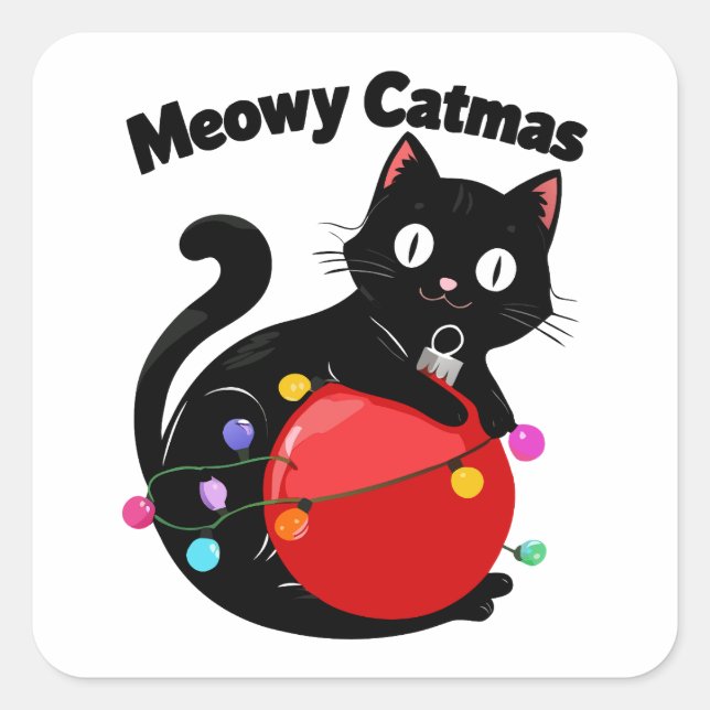 Meowy Catmas - Cat with Christmas ornament Quadratischer Aufkleber (Vorderseite)