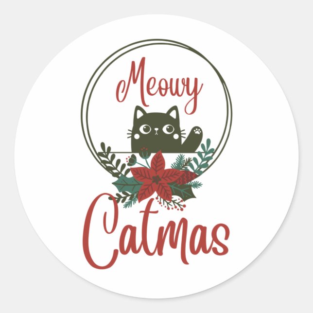 Meowy Catmas, Funny Christmas Runder Aufkleber (Vorderseite)