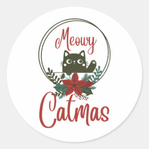 Meowy Catmas, Funny Christmas Runder Aufkleber