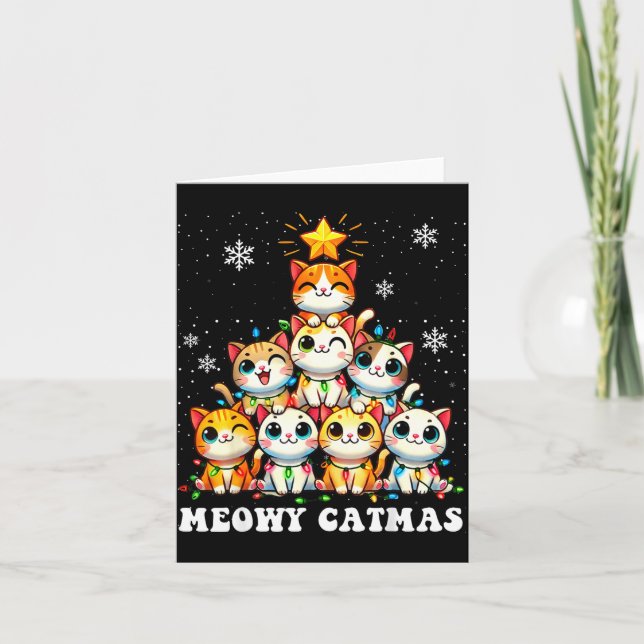 Meowy Catmas Funny Christmas Tree Lights Cute Cat  Karte (Vorderseite)