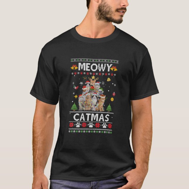Meowy Catmas hässlich Weihnachtsbaum Funny Xmas Ca T-Shirt (Vorderseite)