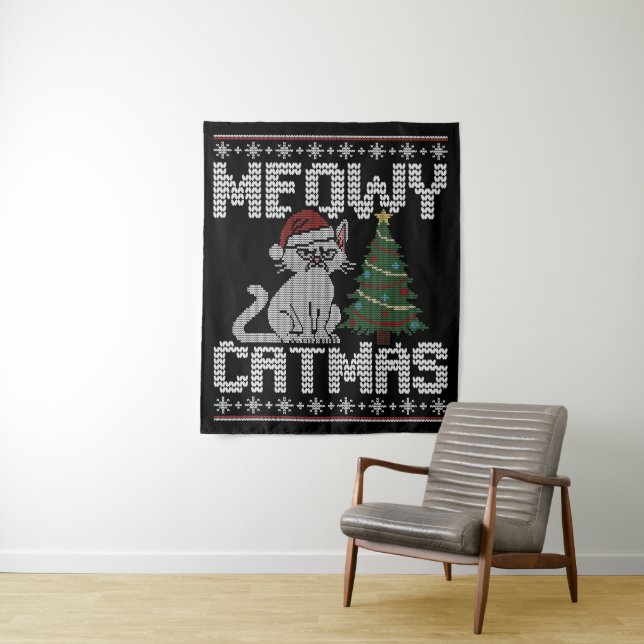 Meowy Catmas Knitted Cat Tapestry Wandteppich