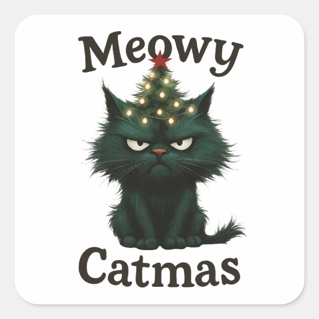 Meowy Catmas Moody cat Quadratischer Aufkleber (Vorderseite)
