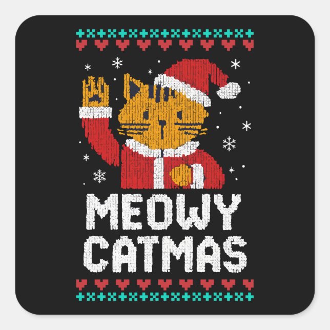 Meowy Catmas Quadratischer Aufkleber (Vorderseite)