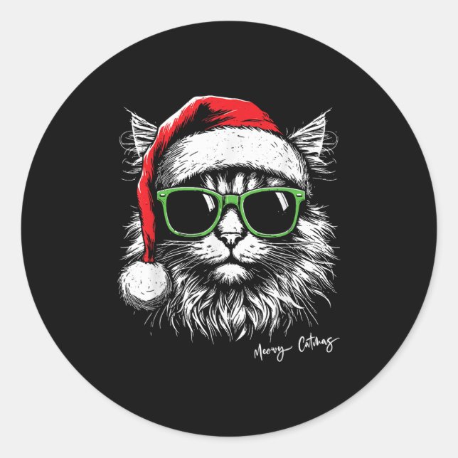 Meowy Catmas Santa Hat Cute Cat Christmas Pajamas  Runder Aufkleber (Vorderseite)
