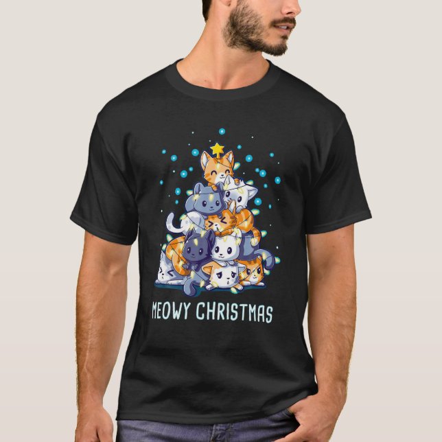 Meowy Catmas Weihnachtsbaum Lichter Funny Cat L T-Shirt (Vorderseite)