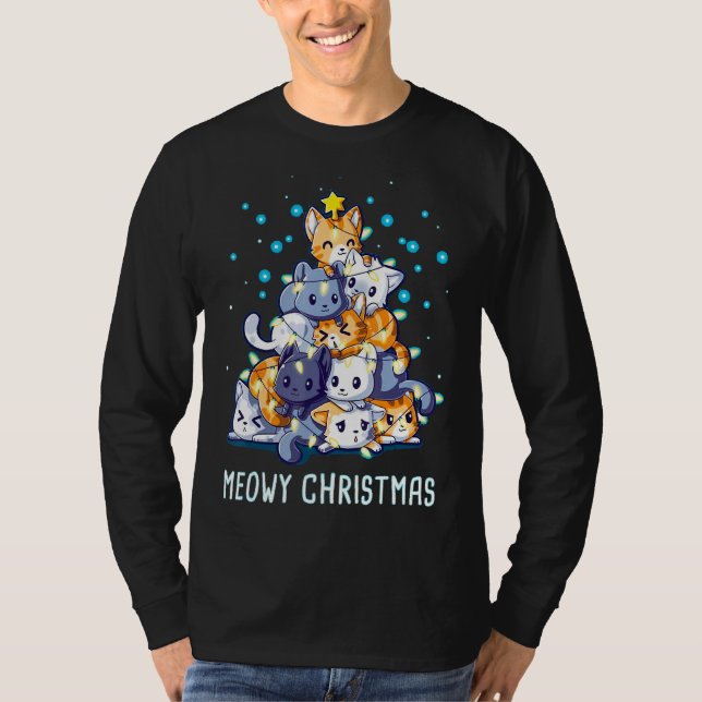 Meowy Catmas Weihnachtsbaum Lichter Weihnachten We T-Shirt (Vorderseite)