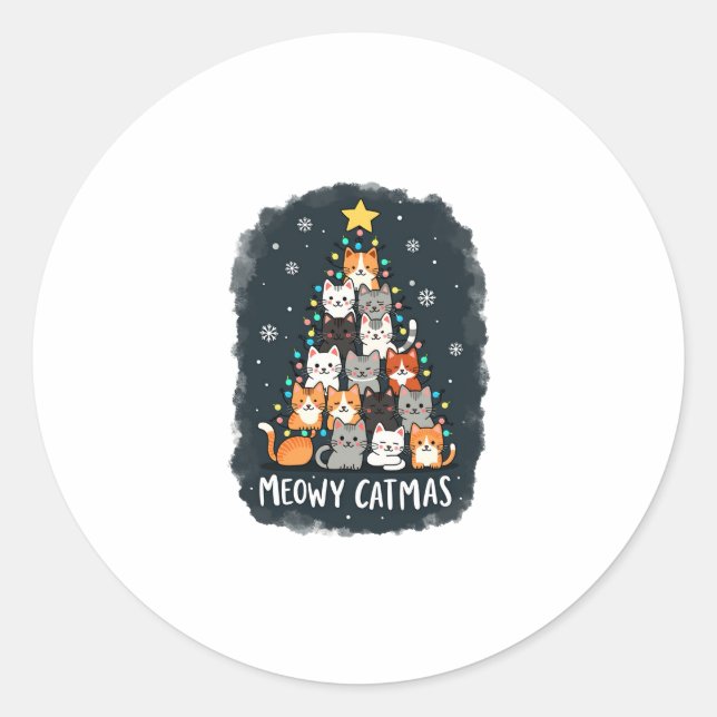 Meowy Catmas Weihnachtsbaum Xmas Girls Boys Fu Runder Aufkleber (Vorderseite)