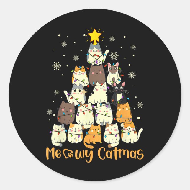 Meowy Catmas Weihnachtsbaum Xmas Girls Boys Fu Runder Aufkleber (Vorderseite)