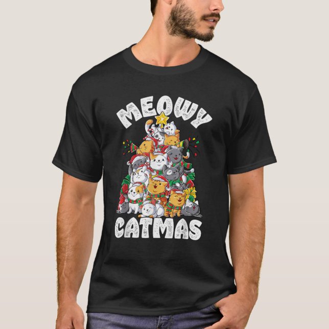 Meowy Catmas Weihnachtsbaum Xmas Girls Boys Fu T-Shirt (Vorderseite)