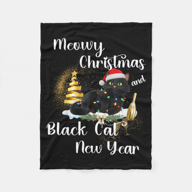 Meowy Christmas Black Cat Funny Santa Hat Happy Ne Fleecedecke (Vorderseite)