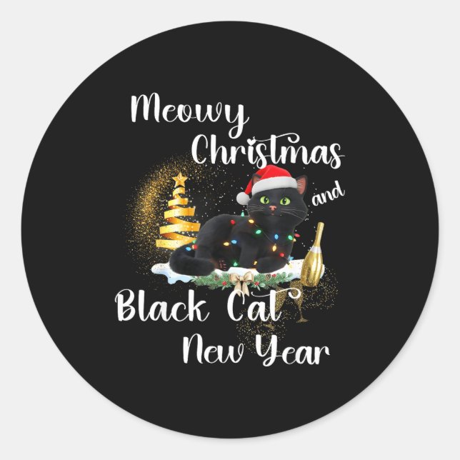 Meowy Christmas Black Cat Funny Santa Hat Happy Ne Runder Aufkleber (Vorderseite)
