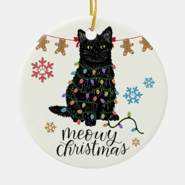 Meowy Christmas Black Cat Keramik Ornament (Vorne)