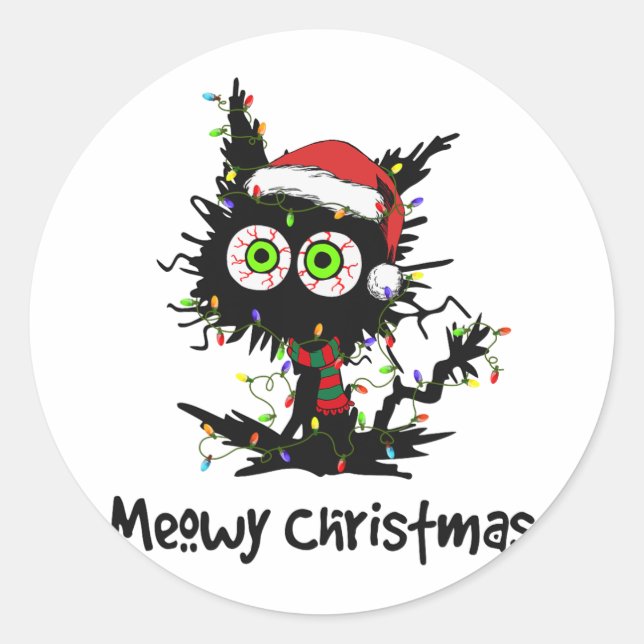 Meowy Christmas Black Cat Light Weihnachten Pajama Runder Aufkleber (Vorderseite)