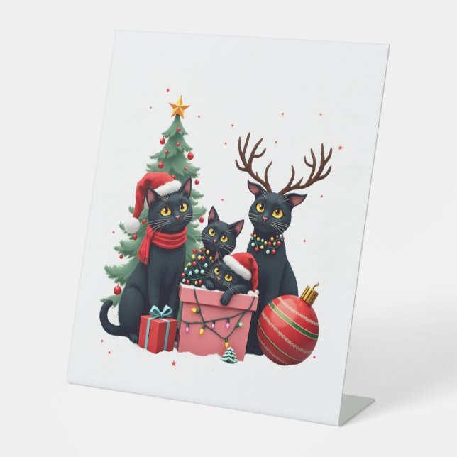 Meowy Christmas Black Cats Play Christmas Tree Lig Sockelschild (Vorderseite)