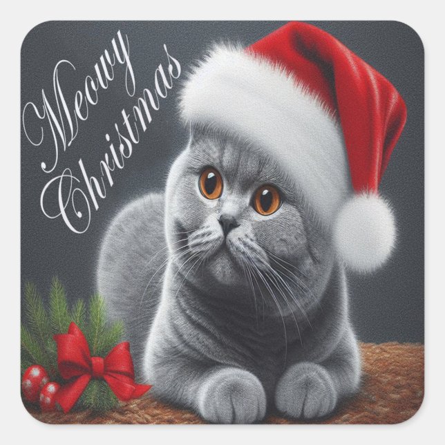 Meowy Christmas British Shorthair Santa Cat Quadratischer Aufkleber (Vorderseite)