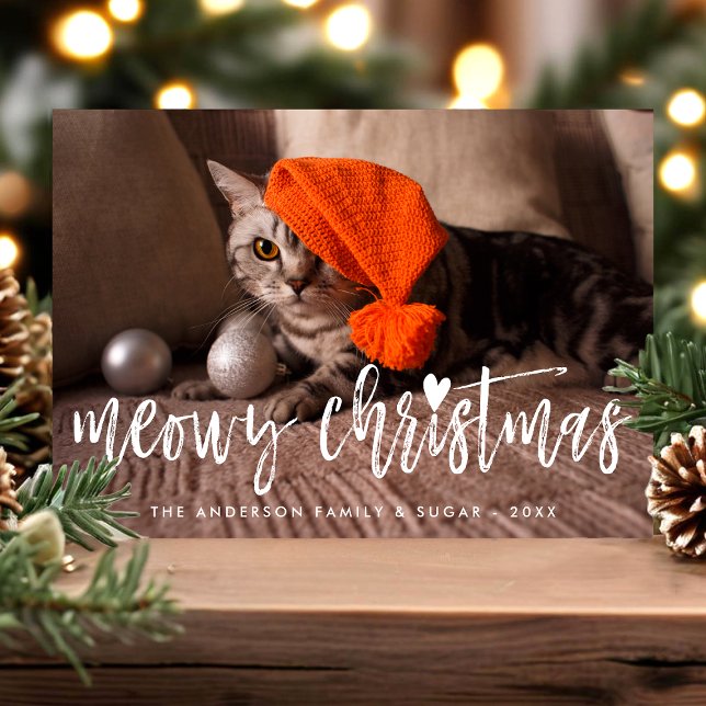 Meowy Christmas Brush Script Modern Pet Cat Foto Feiertagskarte (Von Creator hochgeladen)