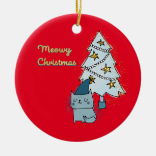 Meowy Christmas Cat and Tree Keramik Ornament