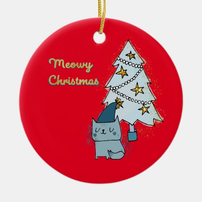 Meowy Christmas Cat and Tree Keramik Ornament (Vorne)