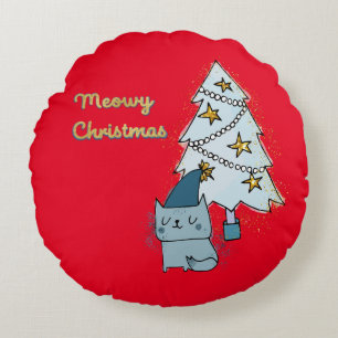 Meowy Christmas Cat and Tree Rundes Kissen