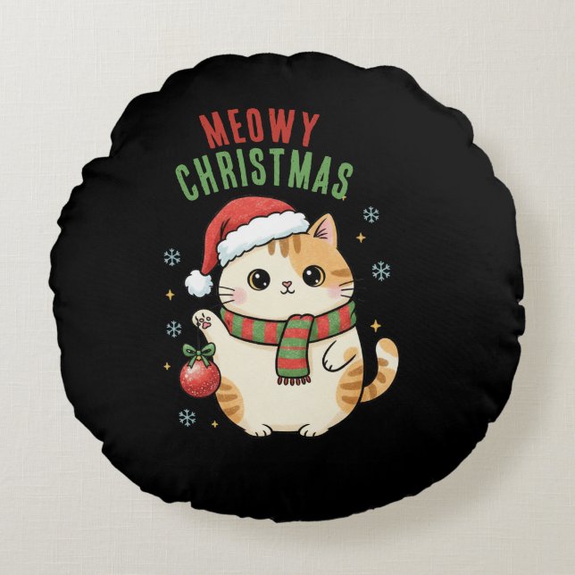 Meowy Christmas Cat – Festive Holiday Design Rundes Kissen (Vorderseite)
