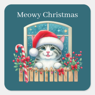 Meowy Christmas Cat Holiday Quadratischer Aufkleber