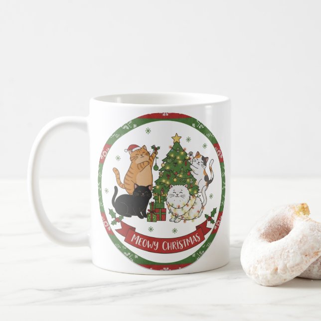 Meowy Christmas Cat Lovers Mug - Christmas Gift Kaffeetasse (Mit Donut)