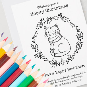 Meowy Christmas Color Your Own Cute Cat in Scarf Feiertagskarte