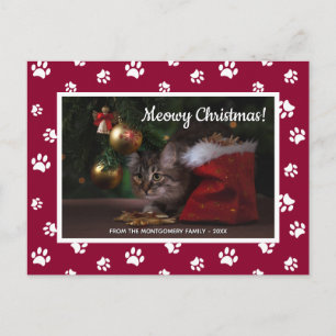 Meowy Christmas! Cute White Paw Prints Cat Photo Feiertagspostkarte