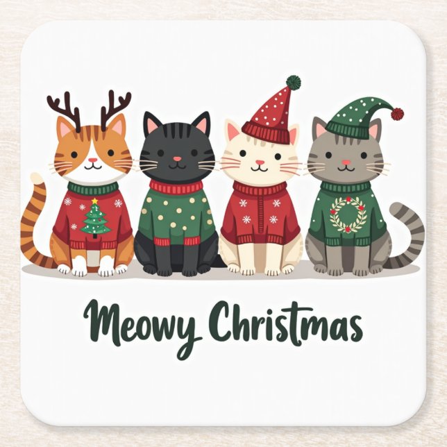 Meowy Christmas Four Cats Rechteckiger Pappuntersetzer (Vorderseite)