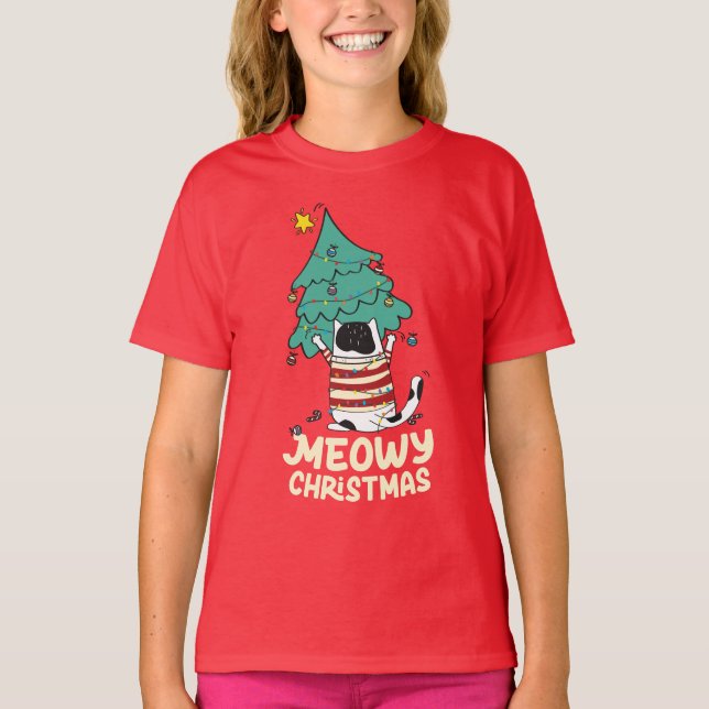 Meowy Christmas Funny Cat Lover T-Shirt (Vorderseite)