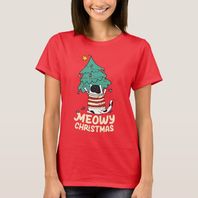 Meowy Christmas Funny Cat Lover T-Shirt (Vorderseite)