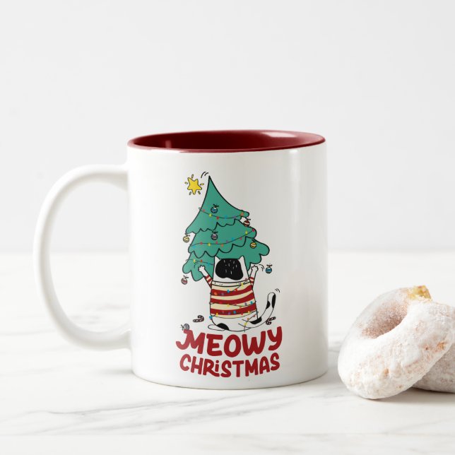 Meowy Christmas Funny Cat Lover Zweifarbige Tasse (Mit Donut)