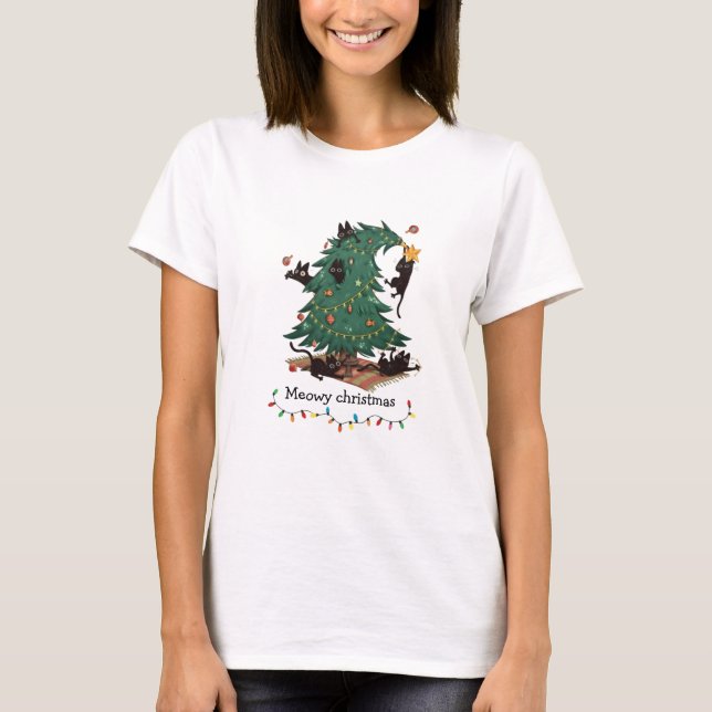 Meowy Christmas Funny Cat Tree Chaos T-Shirt (Vorderseite)