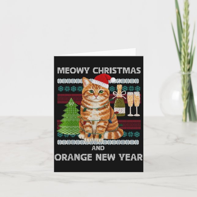 Meowy Christmas Funny Orange Cat Santa Hat Ugly Sw Karte (Vorderseite)