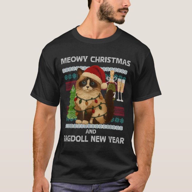 Meowy Christmas Funny Ragdoll Cat Santa Hat Ugly S T-Shirt (Vorderseite)