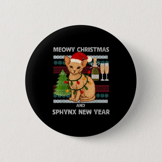 Meowy Christmas Funny Sphynx Cat Santa Hat Ugly Sw Button (Vorderseite)