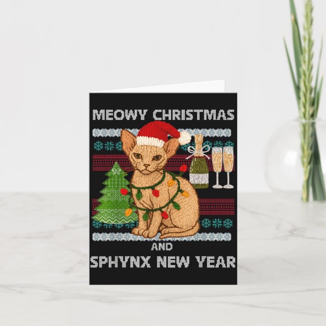 Meowy Christmas Funny Sphynx Cat Santa Hat Ugly Sw Karte (Vorderseite)