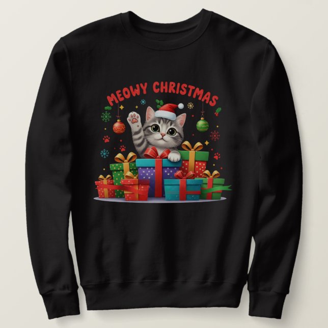 Meowy Christmas Gift Cat – Cute Holiday T-Shirt Sweatshirt (Design vorne)