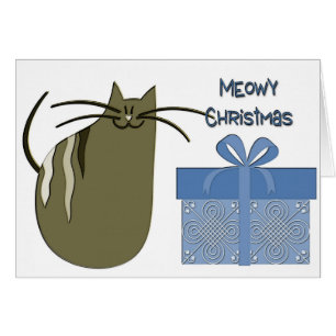 Meowy Christmas Graue Katze mit blauem Geschenk
