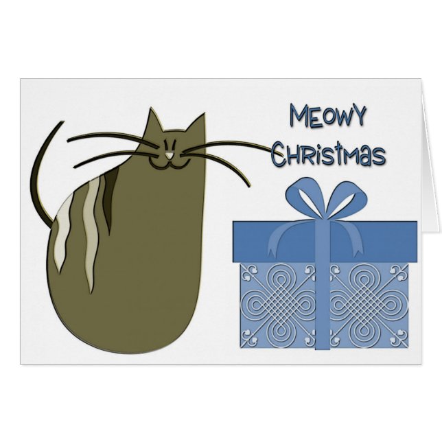 Meowy Christmas Graue Katze mit blauem Geschenk (Vorderseite (Horizontal))