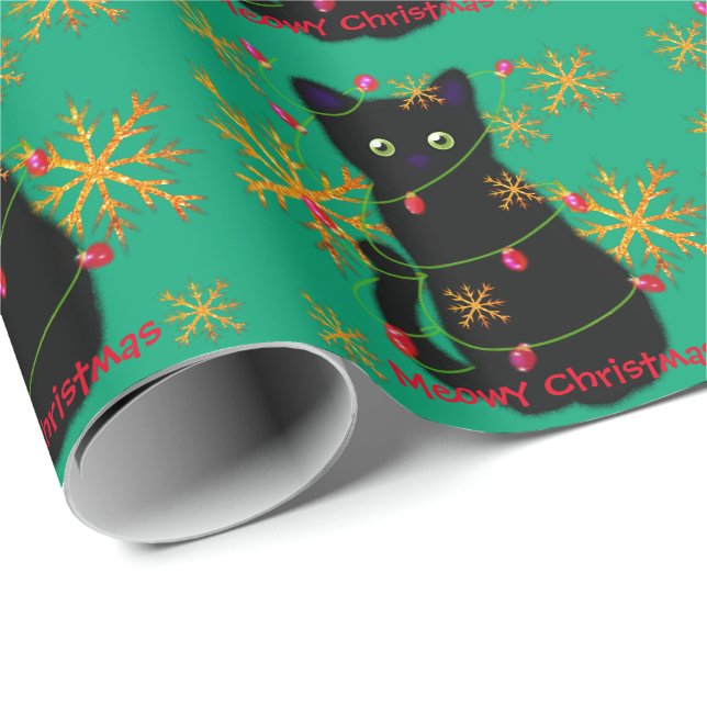 Meowy Christmas | Katzenliebhaber | Schwarzkatze Geschenkpapier (Rolleneckpunkt)