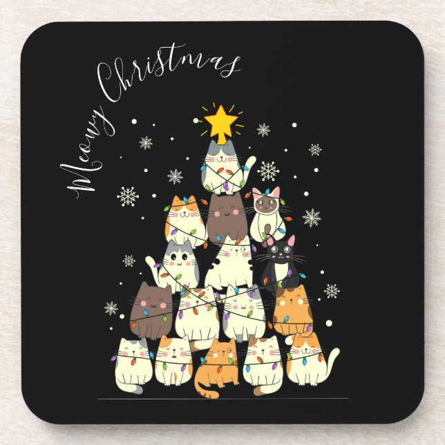 Meowy Christmas Merry Cat Tree Getränkeuntersetzer (Vorderseite)