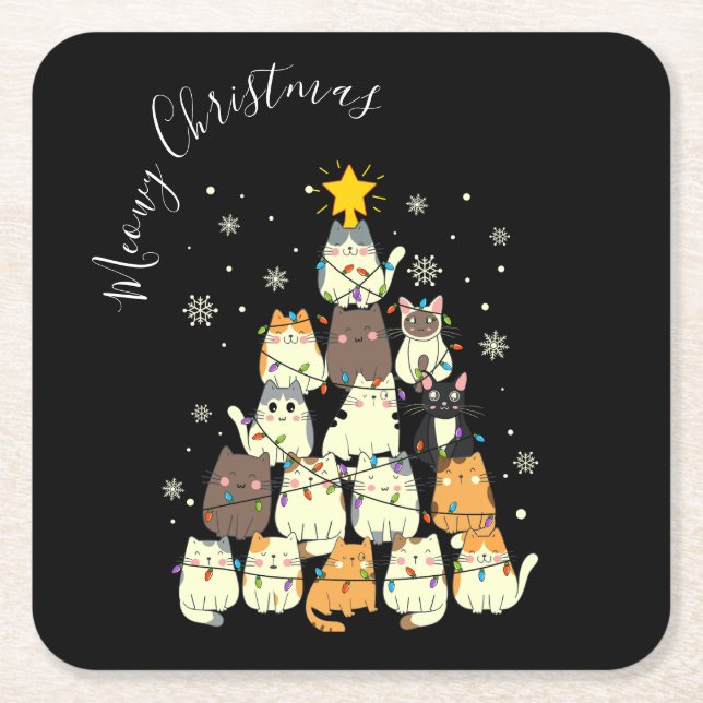 Meowy Christmas Merry Cat Tree Rechteckiger Pappuntersetzer (Vorderseite)