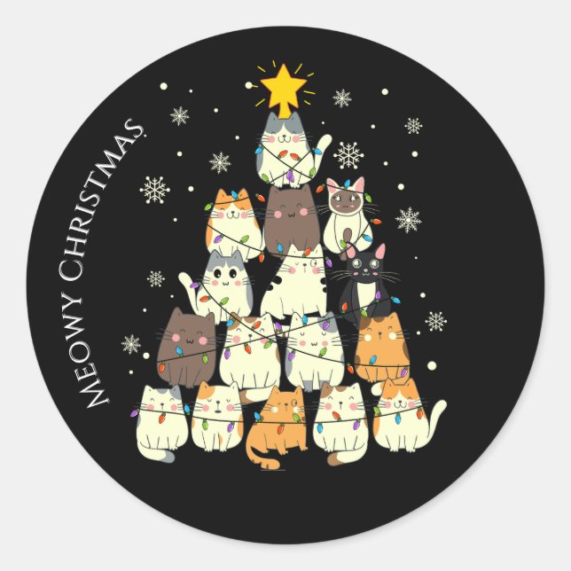 Meowy Christmas Merry Cat Tree Runder Aufkleber (Vorderseite)