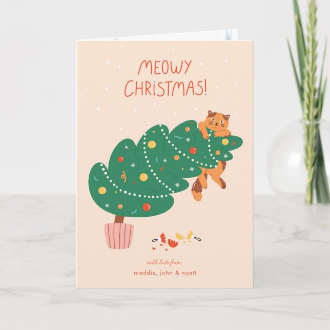 Meowy Christmas - Mischievous Feline Fun Feiertagskarte (Vorderseite)