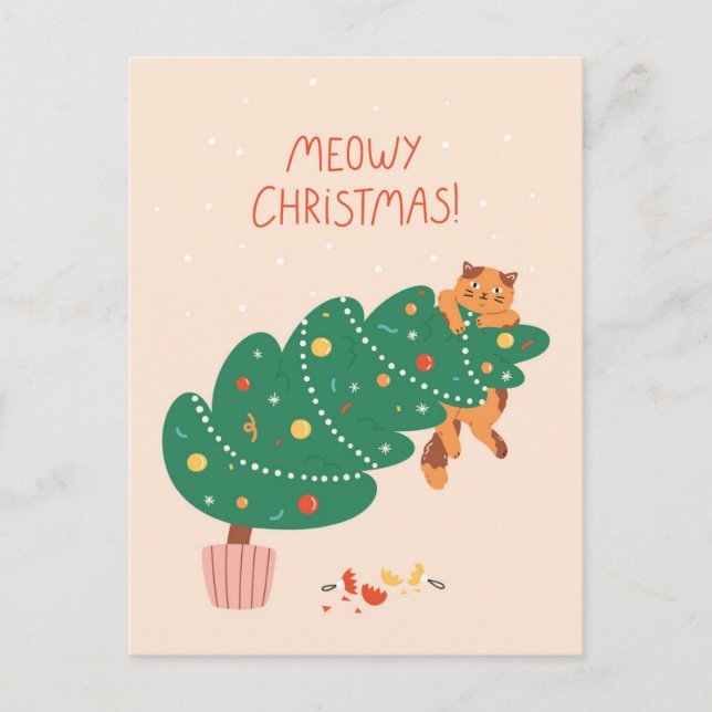 Meowy Christmas - Mischievous Feline Fun Feiertagspostkarte (Vorderseite)