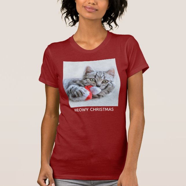 Meowy Christmas Niedlich Gray Tabby Cat T-Shirt (Vorderseite)