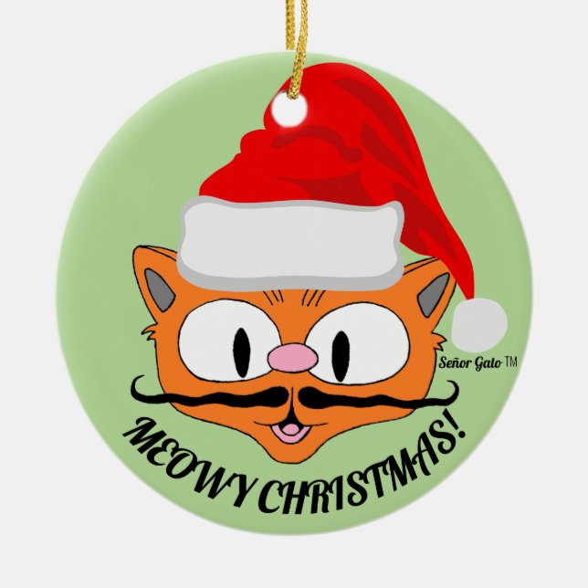 "MEOWY CHRISTMAS" Niedliche Mustache Katze Festiv Keramik Ornament (Vorne)