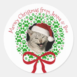 Meowy Christmas Paw Print Holiday Wreath Foto Runder Aufkleber